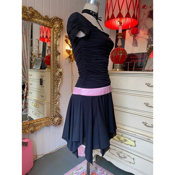 vintage y2k black ruched net off the shoulders dress trixxi hankie hem pink sash - Picture 4 of 9